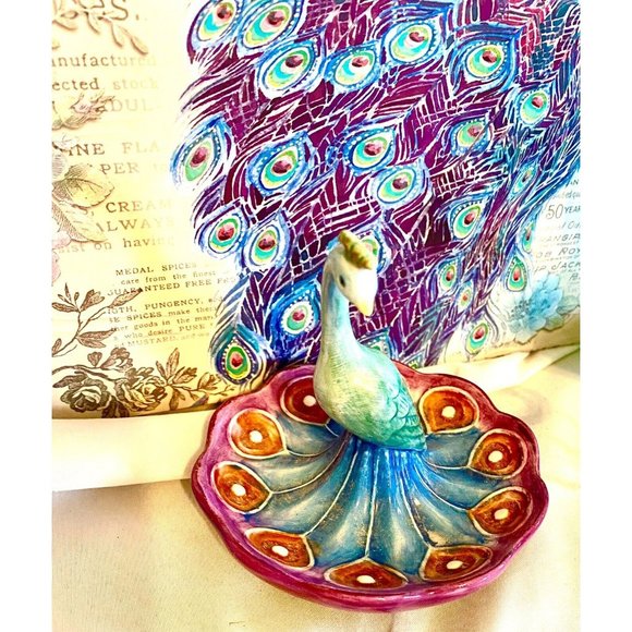 Peacock Accessories Lot Windchime Ring Holder Frame Glass Candle Holder and More - Picture 3 of 10